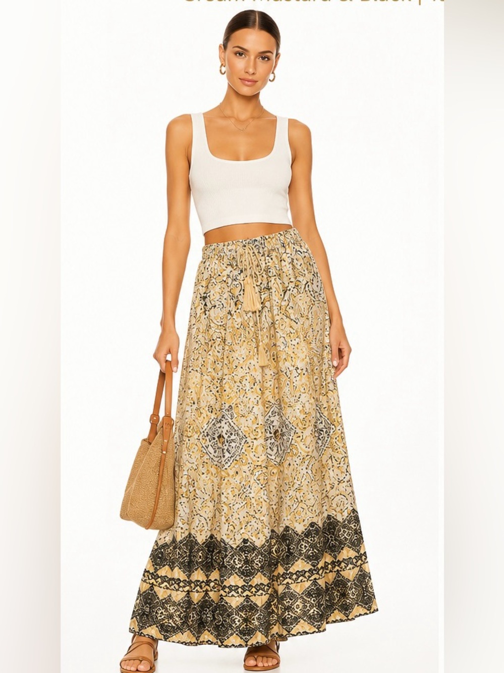ZARA Boho Printed Maxi Skirt Cream Black Tassel Tie Waist  M
Bohemian Floral
